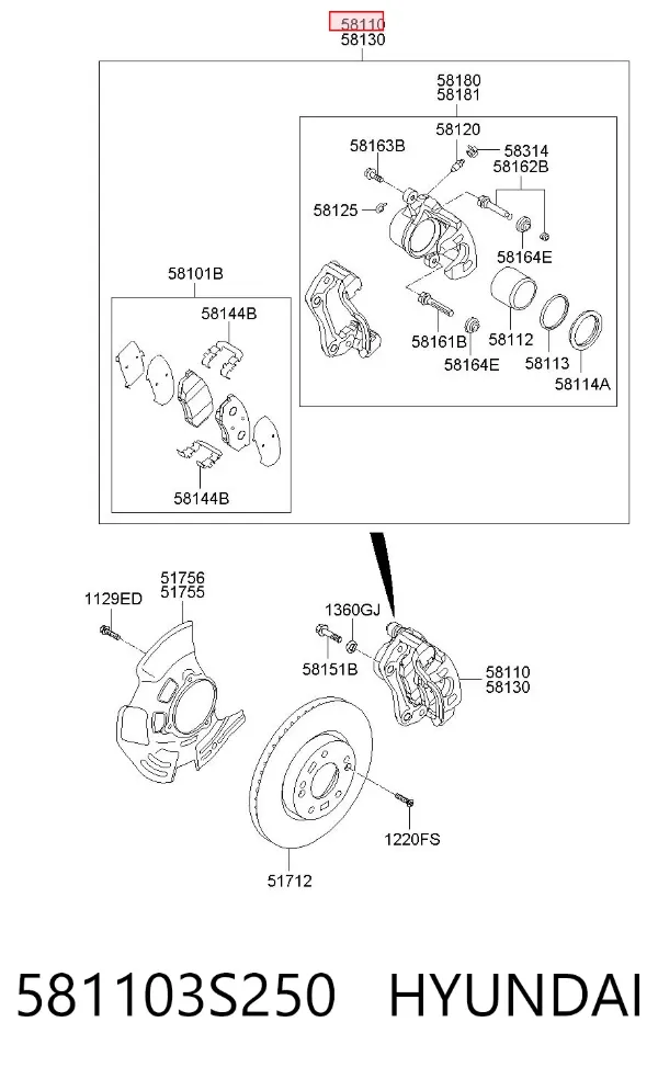 Суппорт тормозной передний левый 581103S250 Hyundai/Kia