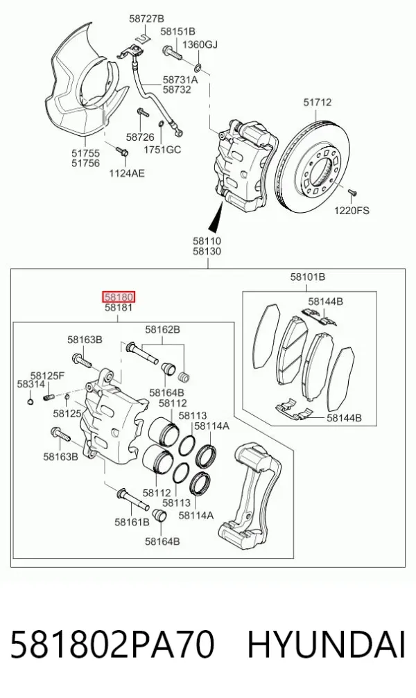 Суппорт тормозной передний левый 581802PA70 Hyundai/Kia