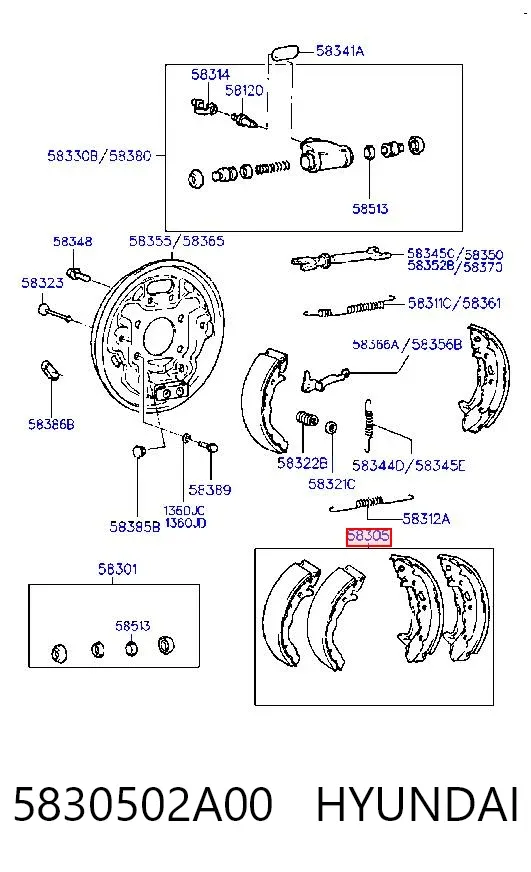 Задние барабанные колодки 5830502A00 Hyundai/Kia