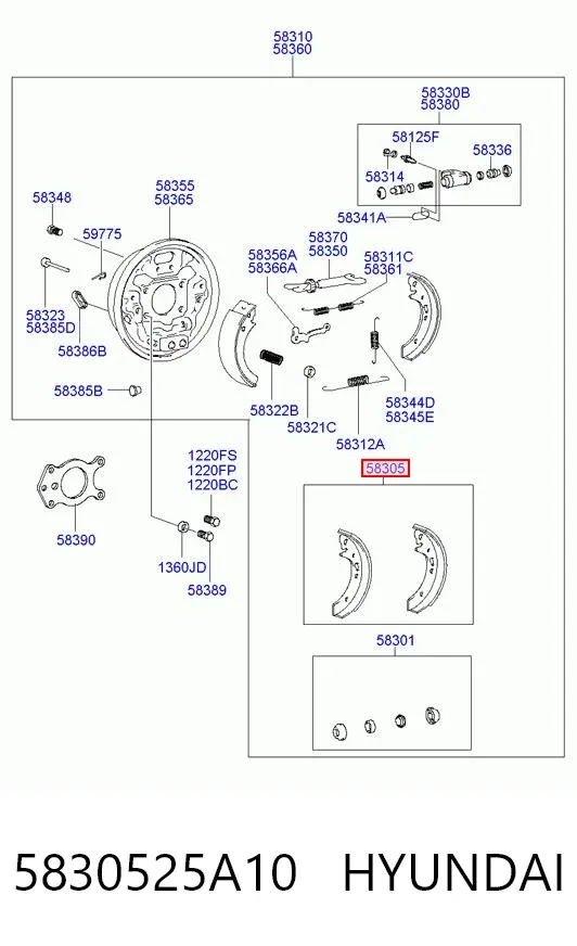 Задние барабанные колодки 5830525A10 Hyundai/Kia