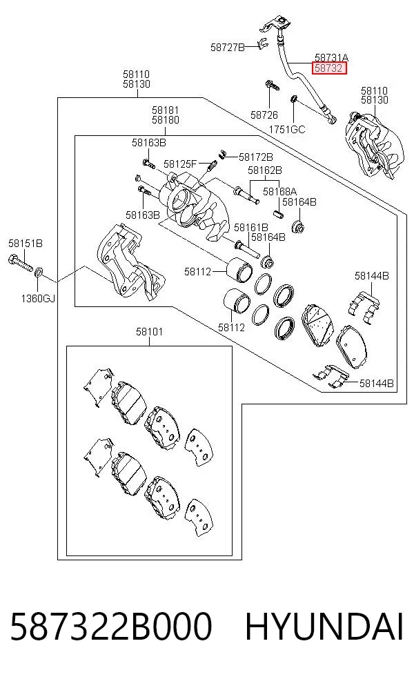 Шланг тормозной передний правый 587322B000 Hyundai/Kia