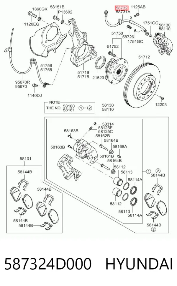 Шланг тормозной передний правый 587324D000 Hyundai/Kia
