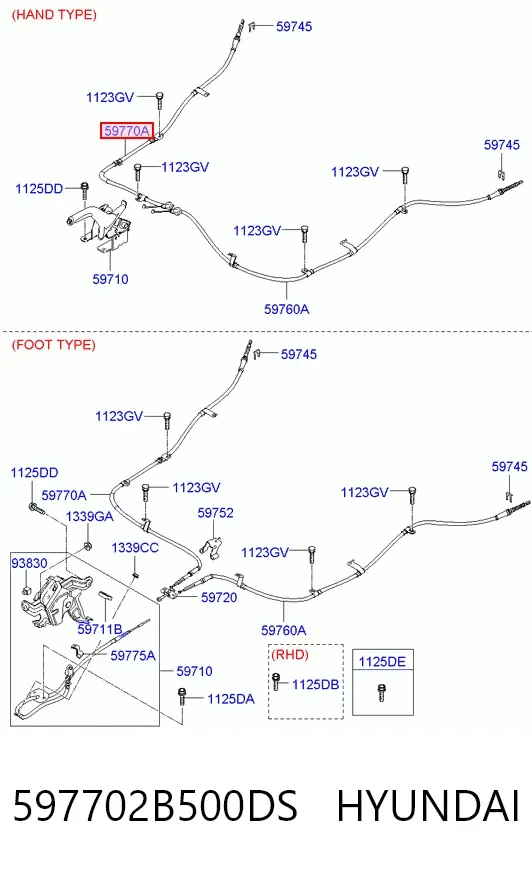 Задний правый трос ручника 597702B500DS Hyundai/Kia