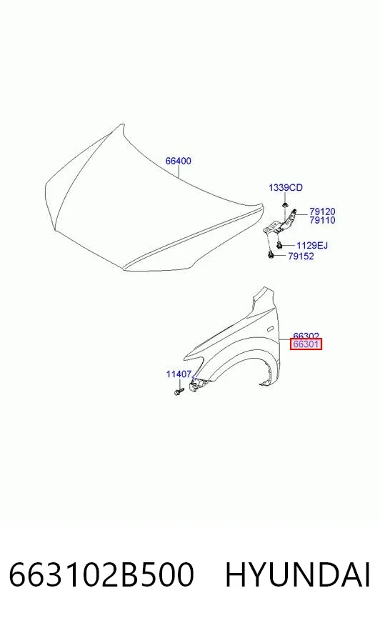 Крыло переднее левое 663102B500 Hyundai/Kia
