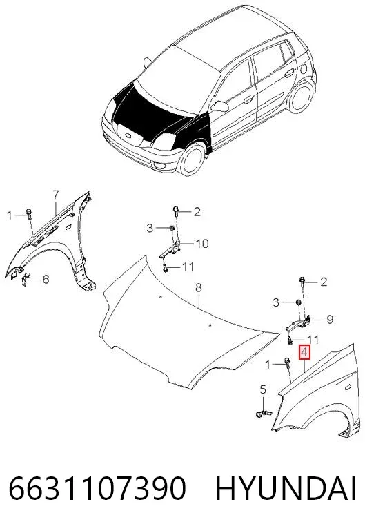 Крыло переднее левое 6631107390 Hyundai/Kia