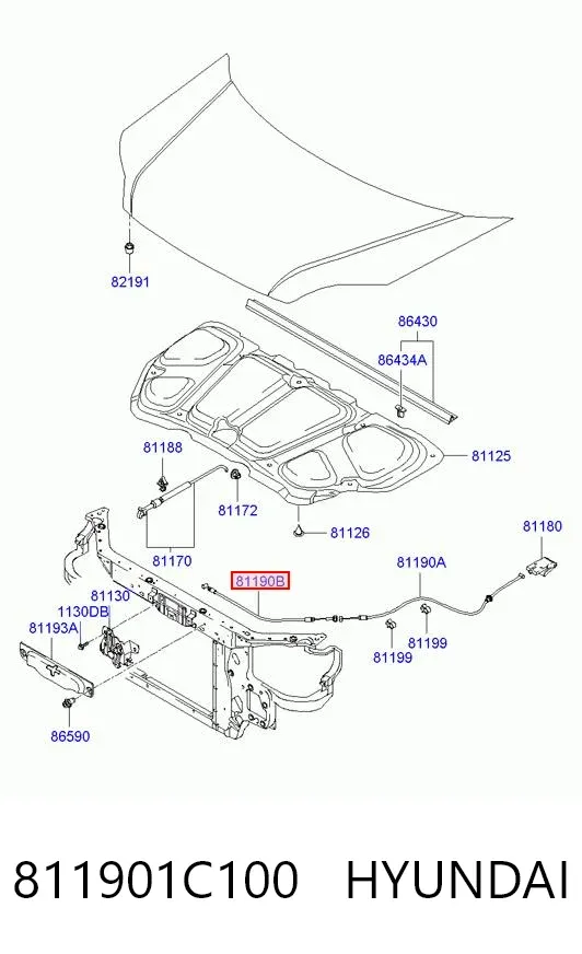 Трос открывания капота передний 811901C100 Hyundai/Kia