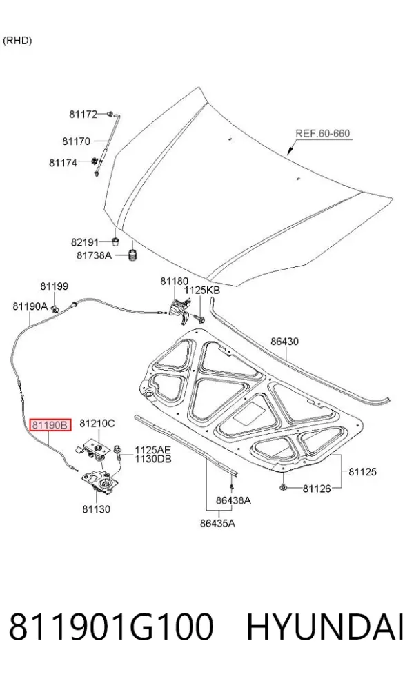 Трос открывания капота передний 811901G100 Hyundai/Kia