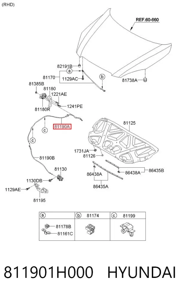 Трос открывания капота задний 811901H000 Hyundai/Kia