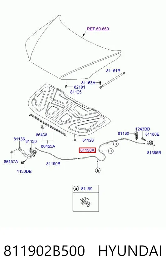 Трос открывания капота задний 811902B500 Hyundai/Kia