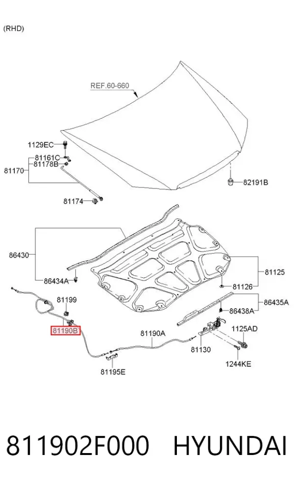 Трос открывания капота задний 811902F000 Hyundai/Kia