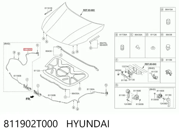 Трос открывания капота задний 811902T000 Hyundai/Kia