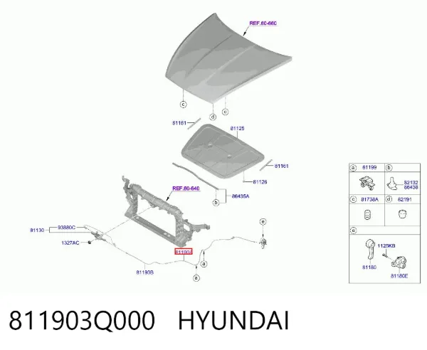 Трос открывания капота задний 811903Q000 Hyundai/Kia