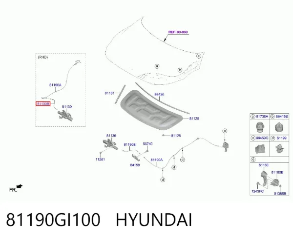 Трос открывания капота передний 81190GI100 Hyundai/Kia