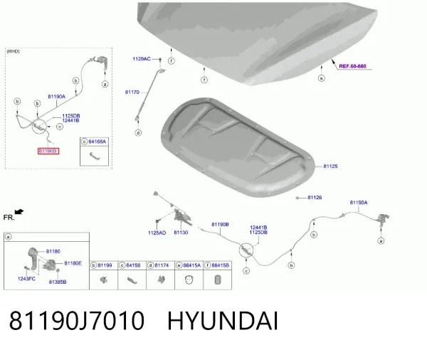 Трос открывания капота задний 81190J7010 Hyundai/Kia