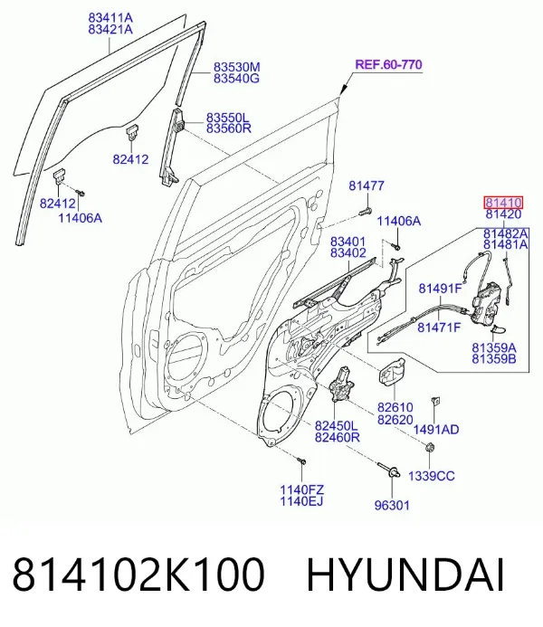 Замок двери задней левой 814102K100 Hyundai/Kia