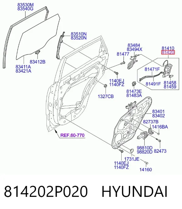 Замок двери задней правой 814202P020 Hyundai/Kia