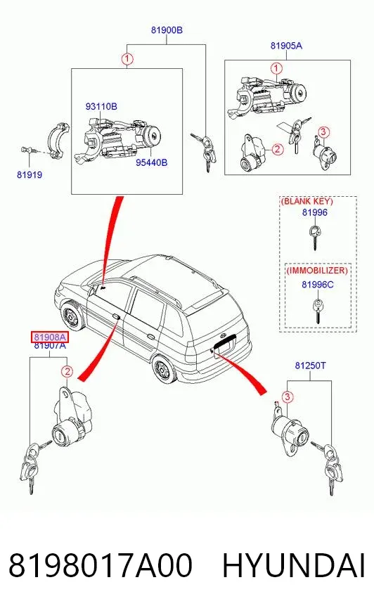 Личинка замка двери передней правой 8198017A00 Hyundai/Kia