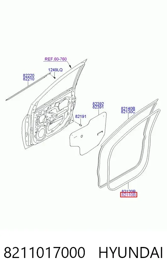 Уплотнитель двери передней левой (на кузове) 8211017000 Hyundai/Kia