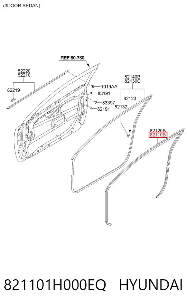 Уплотнитель двери передней левой (на кузове) 821101H000EQ Hyundai/Kia
