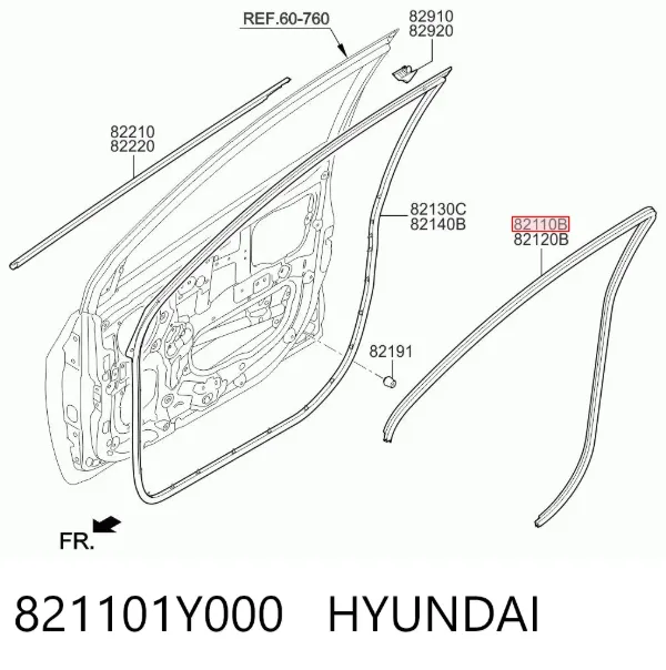 Уплотнитель двери передней левой (на кузове) 821101Y000 Hyundai/Kia