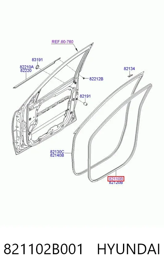 Уплотнитель двери передней левой (на кузове) 821102B001 Hyundai/Kia