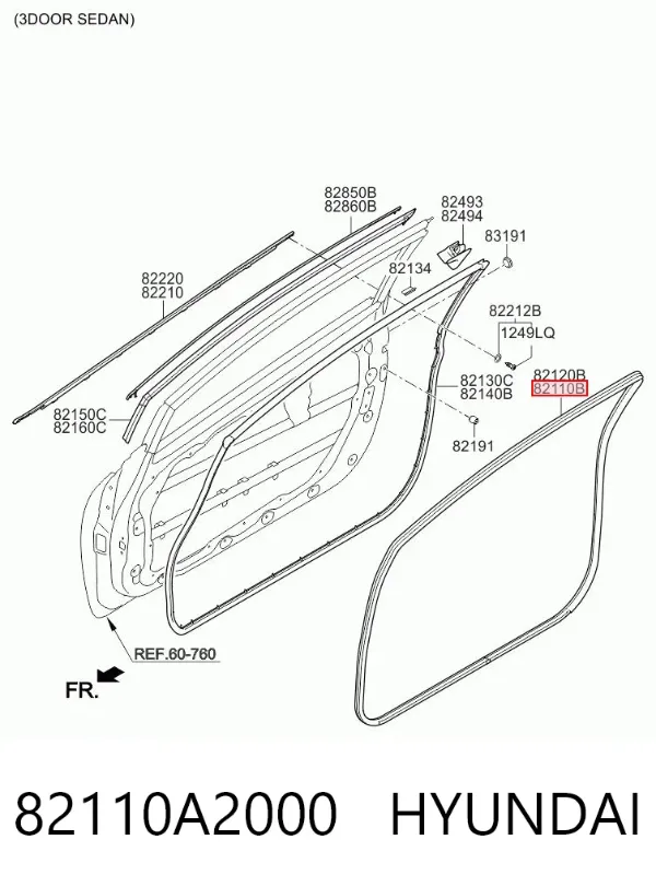 Уплотнитель двери передней левой (на кузове) 82110A2000 Hyundai/Kia