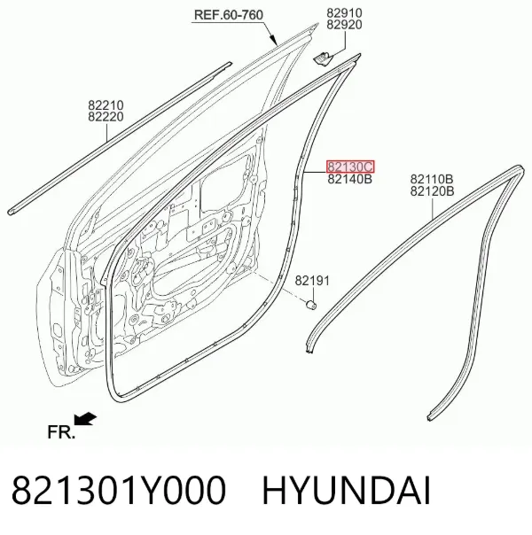Уплотнитель двери передней левой (на двери) 821301Y000 Hyundai/Kia
