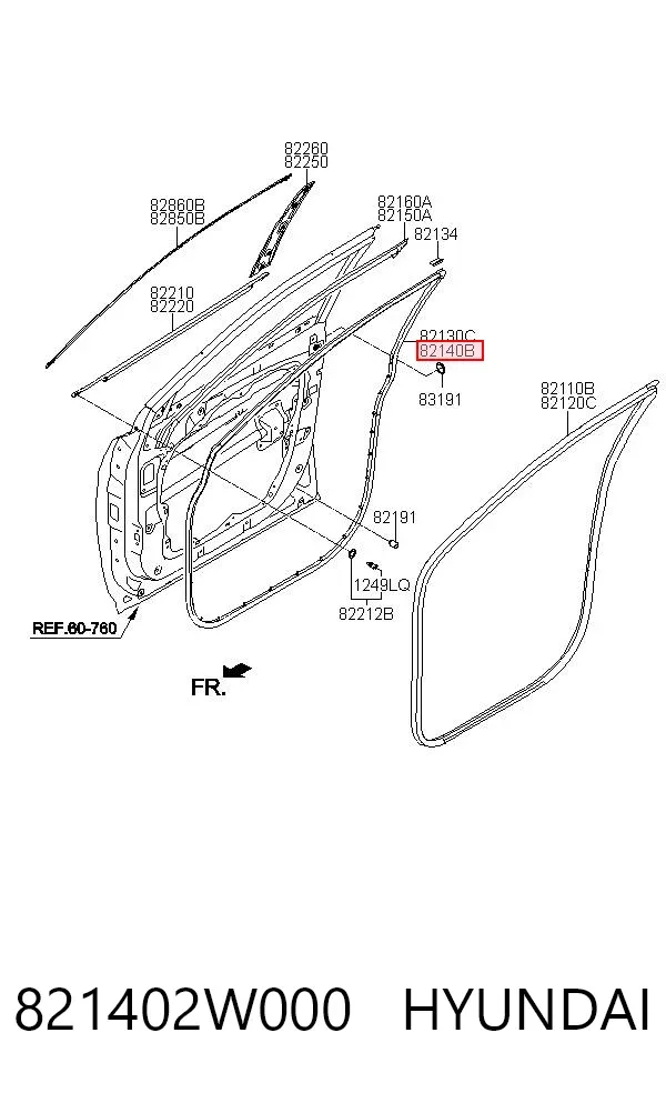 Уплотнитель двери передней правой (на двери) 821402W000 Hyundai/Kia