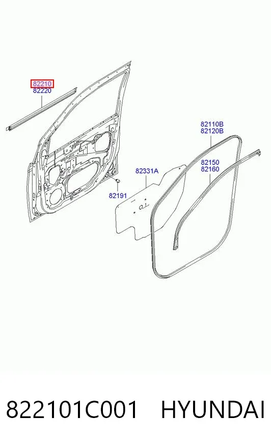 Уплотнитель стекла передней левой двери 822101C001 Hyundai/Kia