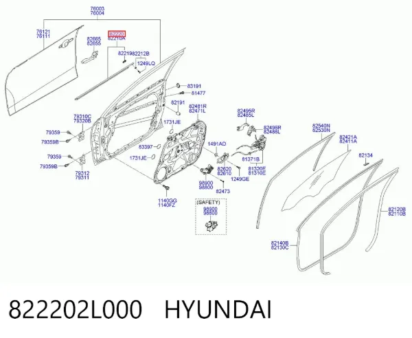 Уплотнитель стекла передней правой двери 822202L000 Hyundai/Kia