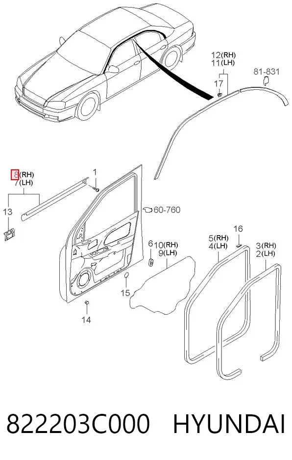 Молдинг двери передней правой верхний 822203C000 Hyundai/Kia