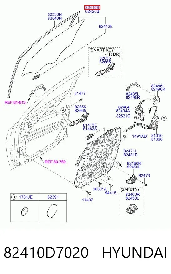 Стекло двери передней левой 82410D7020 Hyundai/Kia