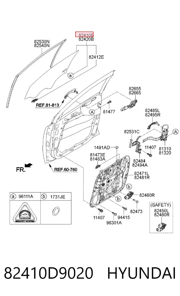 Стекло двери передней левой 82410D9020 Hyundai/Kia