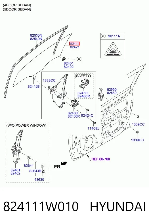 Стекло двери передней левой 824111W010 Hyundai/Kia