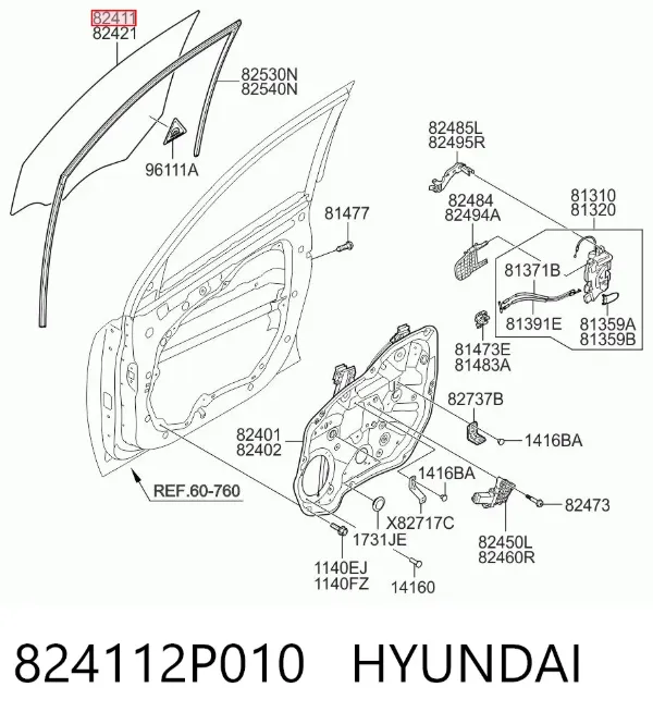 Стекло двери передней левой 824112P010 Hyundai/Kia