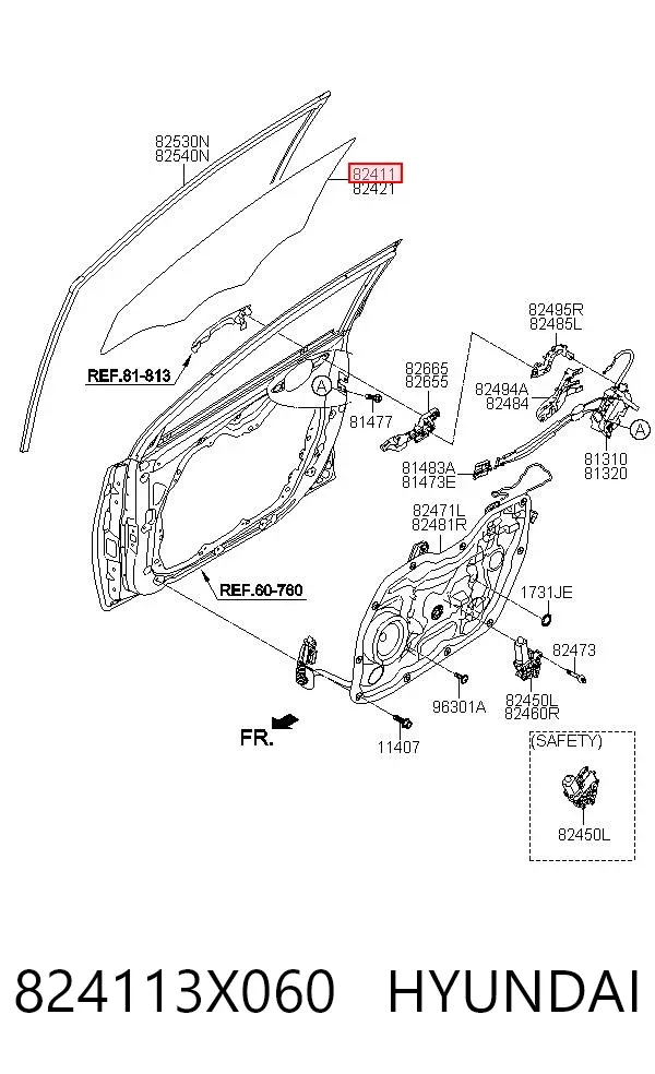 Стекло двери передней левой 824113X060 Hyundai/Kia