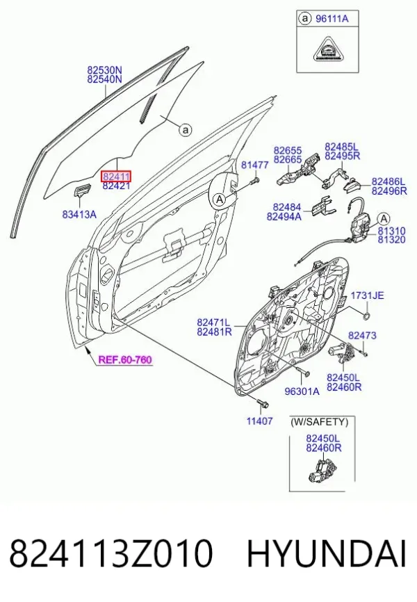 Стекло двери передней левой 824113Z010 Hyundai/Kia