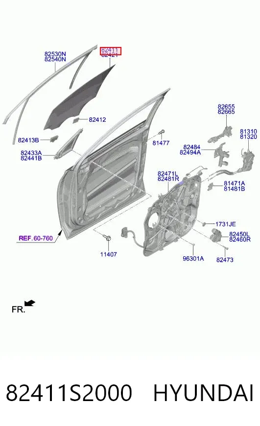 Стекло двери передней левой 82411S2000 Hyundai/Kia