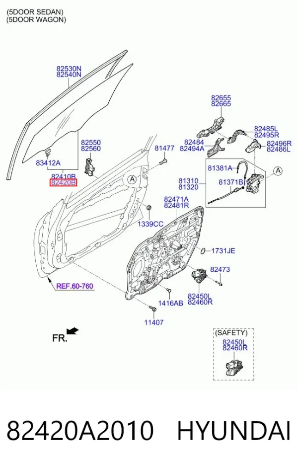 Стекло двери передней правой 82420A2010 Hyundai/Kia