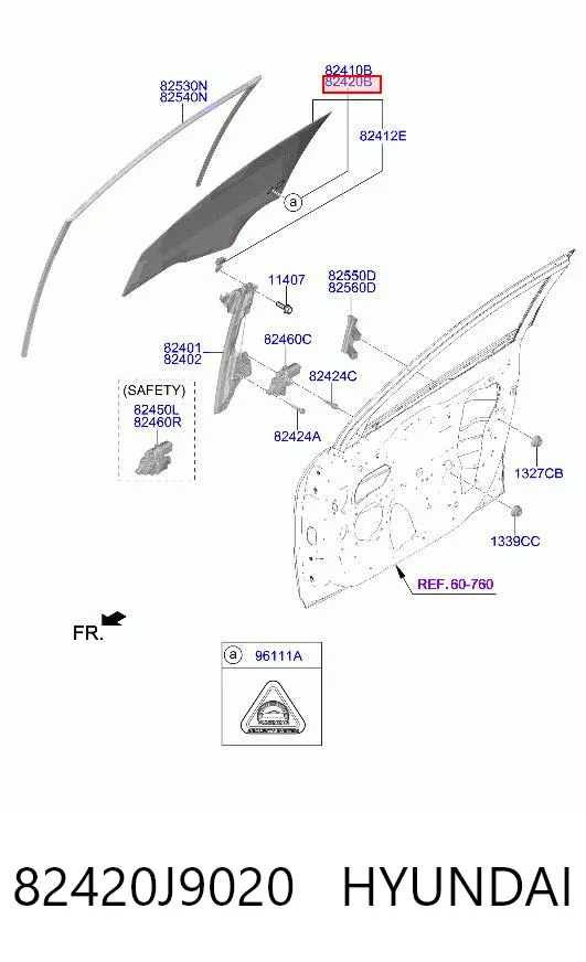 Стекло двери передней правой 82420J9020 Hyundai/Kia