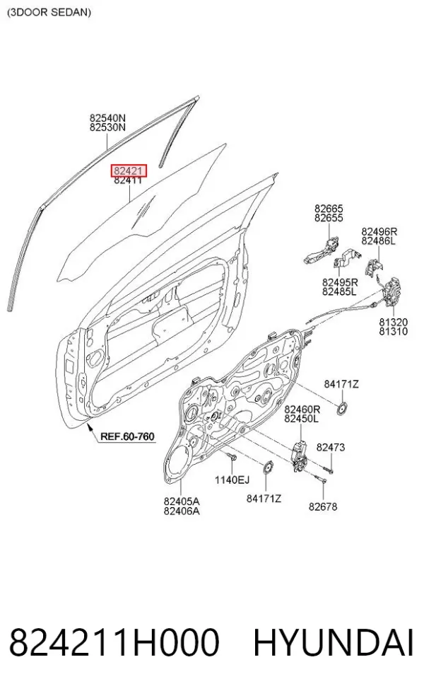 Стекло двери передней правой 824211H000 Hyundai/Kia