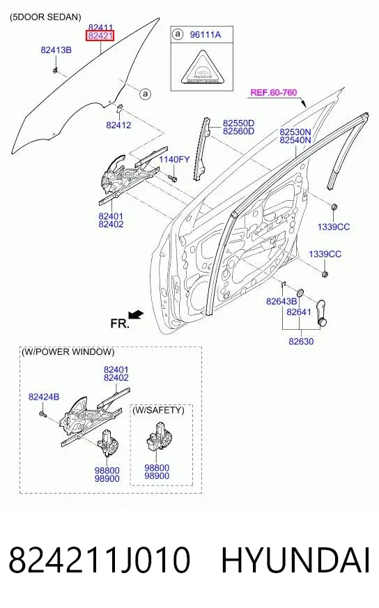 Стекло двери передней правой 824211J010 Hyundai/Kia