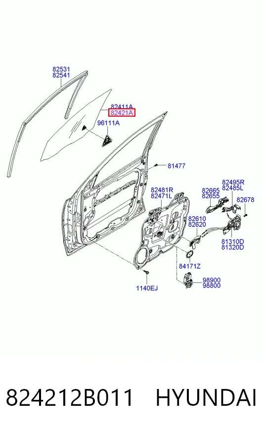 Стекло двери передней правой 824212B011 Hyundai/Kia
