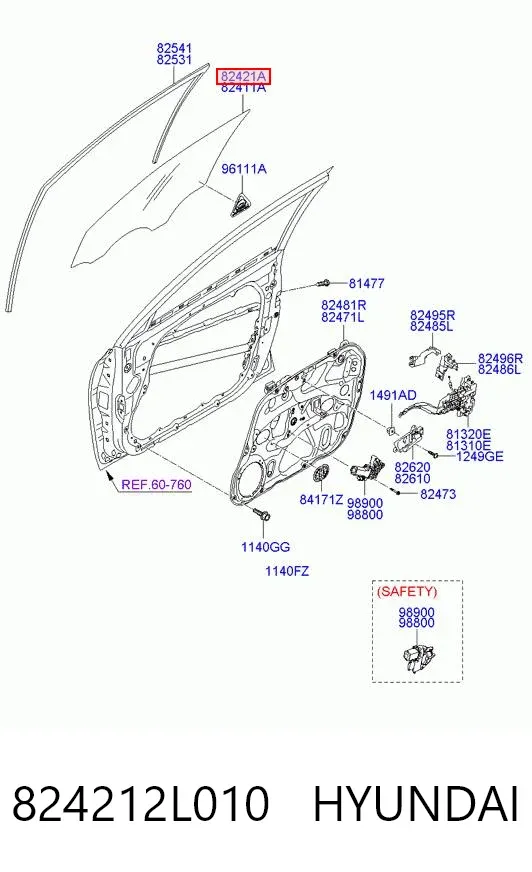 Стекло двери передней правой 824212L010 Hyundai/Kia