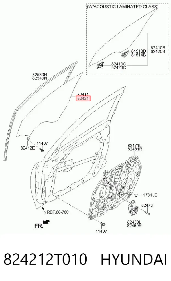 Стекло двери передней правой 824212T010 Hyundai/Kia