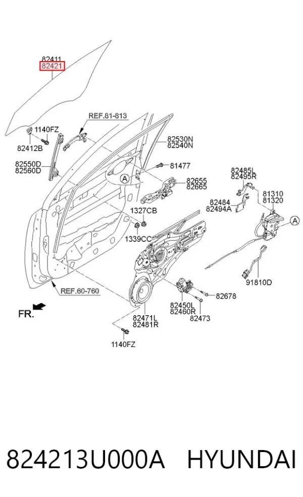 Стекло двери передней правой 824213U000A Hyundai/Kia