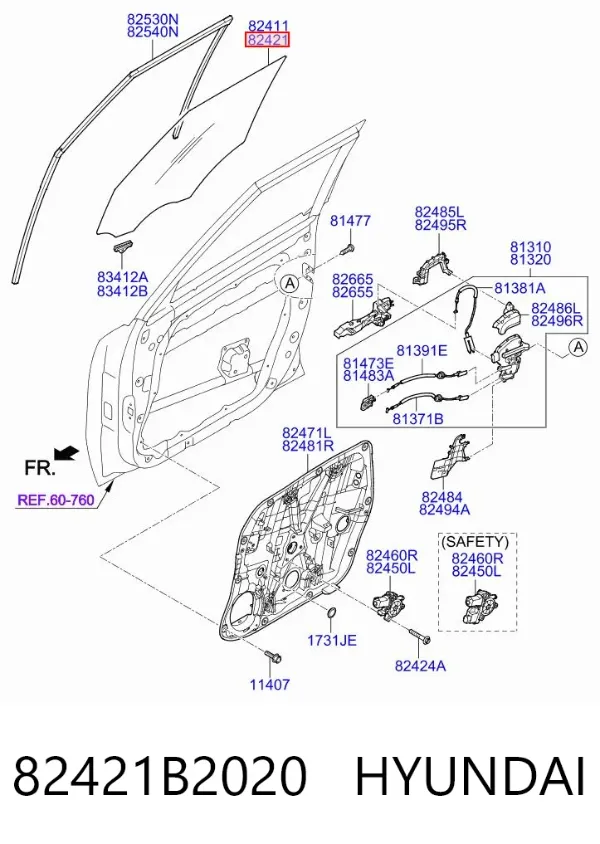Стекло двери передней правой 82421B2020 Hyundai/Kia