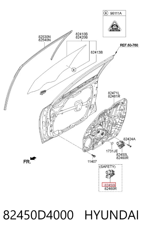 Стекло двери передней правой 82450D4000 Hyundai/Kia