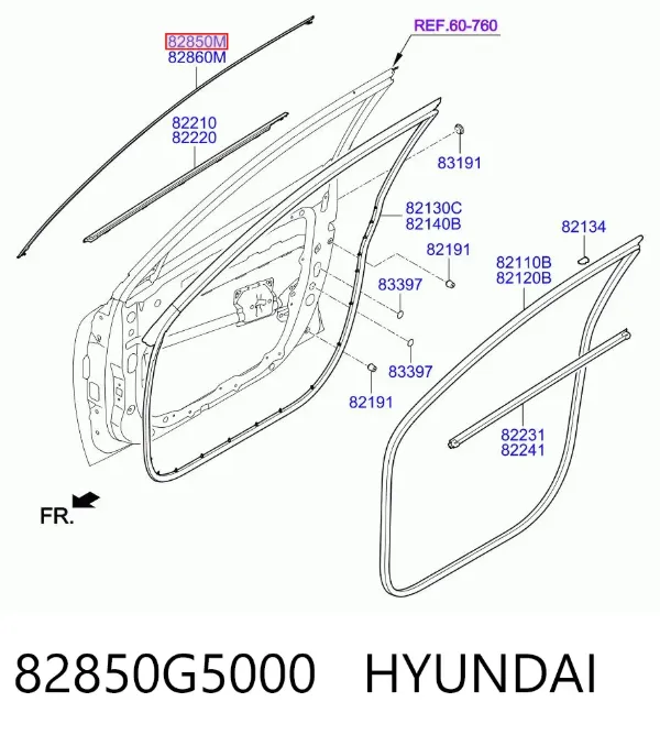 Молдинг двери передней левой верхний 82850G5000 Hyundai/Kia