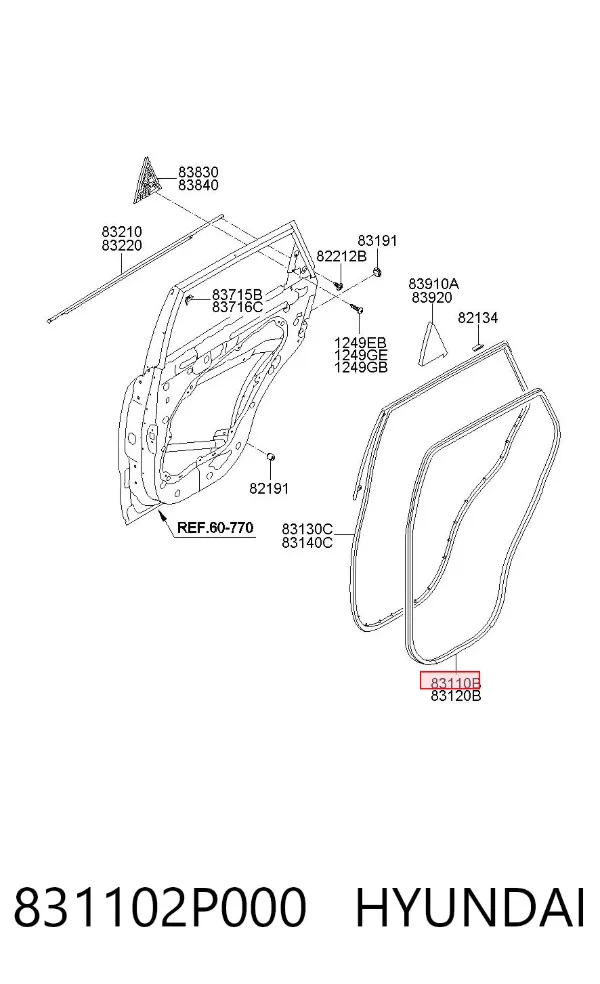 Уплотнитель двери задней левой (на кузове) 831102P000 Hyundai/Kia